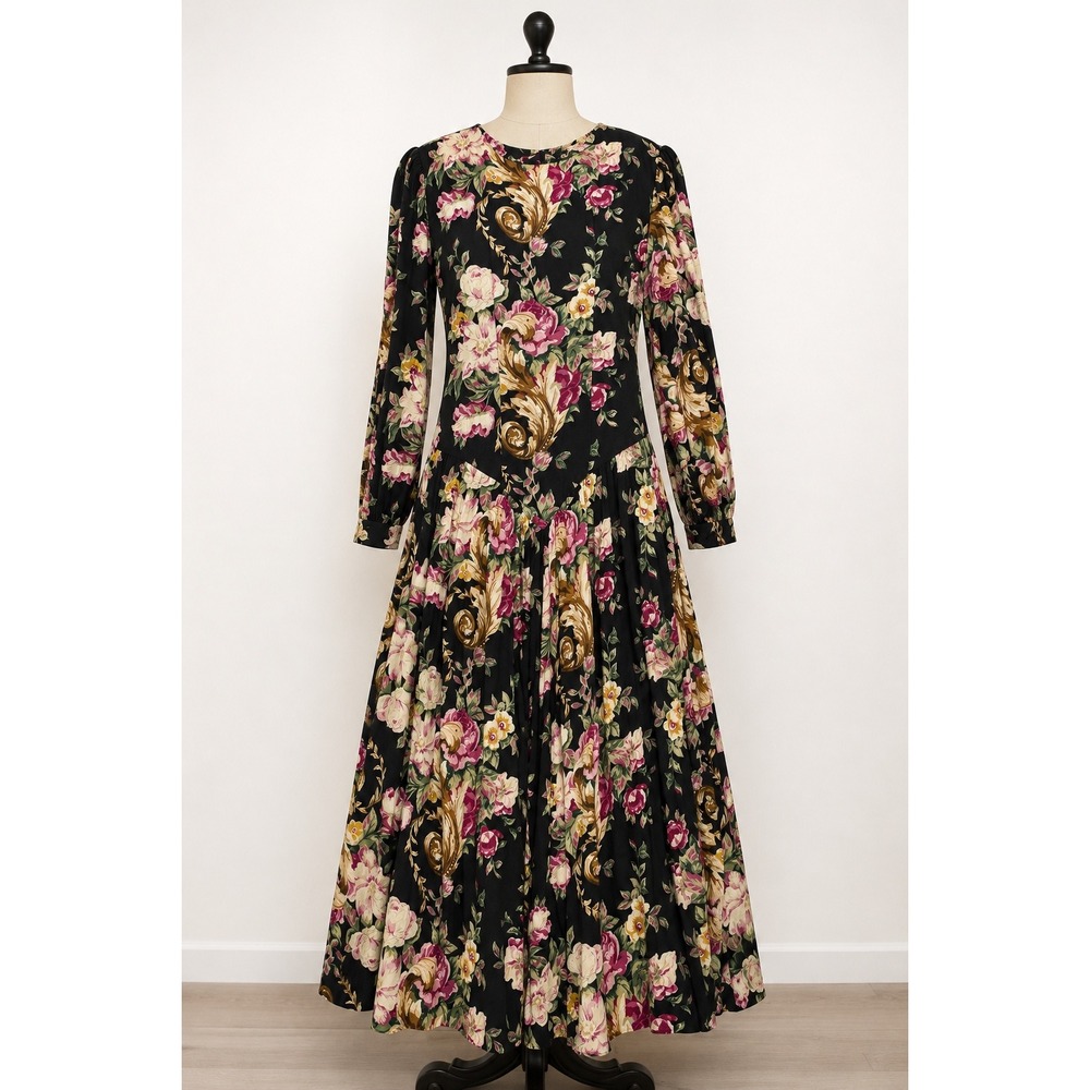 Lady Carol Vintage Dress Womens 14 Black Floral Long Sleeve Pleated Maxi USAMade
